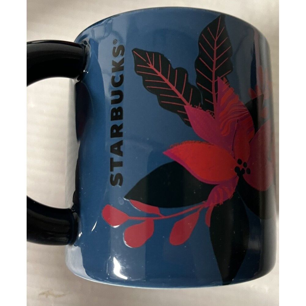 Starbucks Holiday 2021 Poinsettia Blue Red Black Ceramic Coffee Mug 12oz Cup
